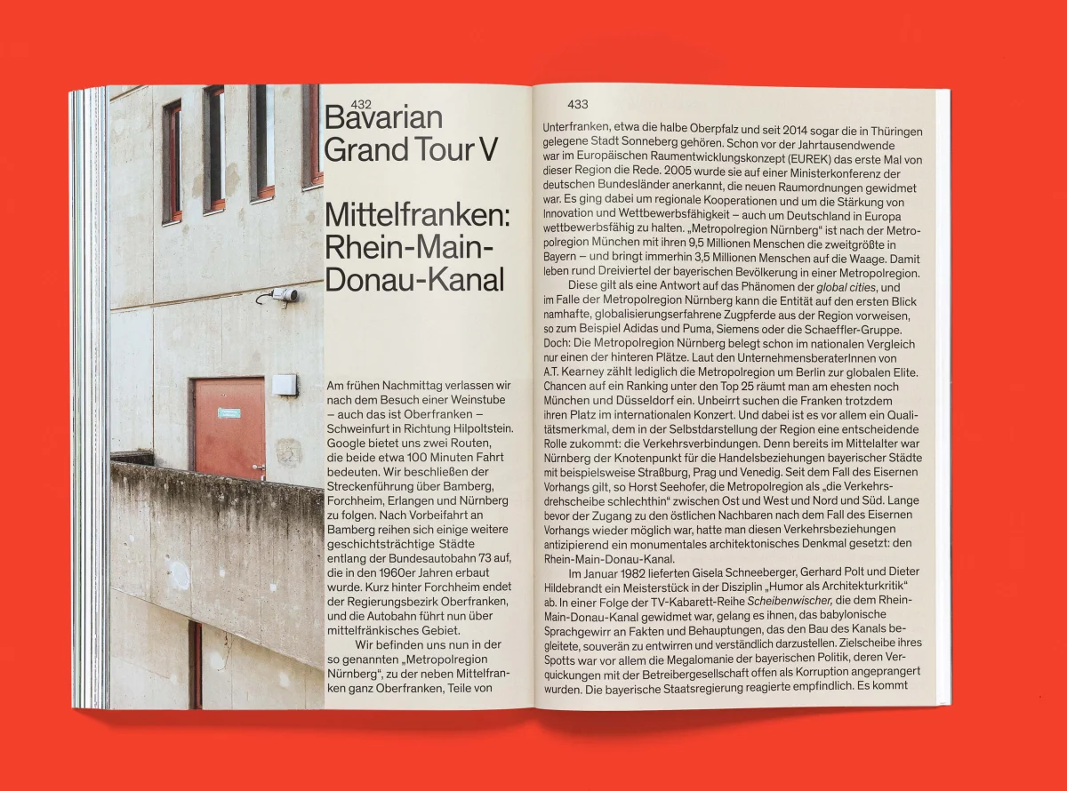 Book spread about the Rhine–Main–Danube Canal, combining a building photograph, large heading and narrow text columns.