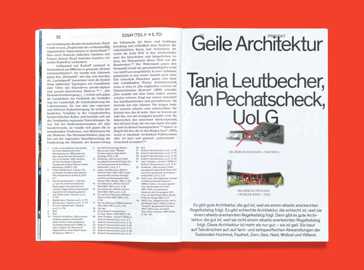 Spread with the large title “Geile Architektur”, small building photographs and a multi-column essay.