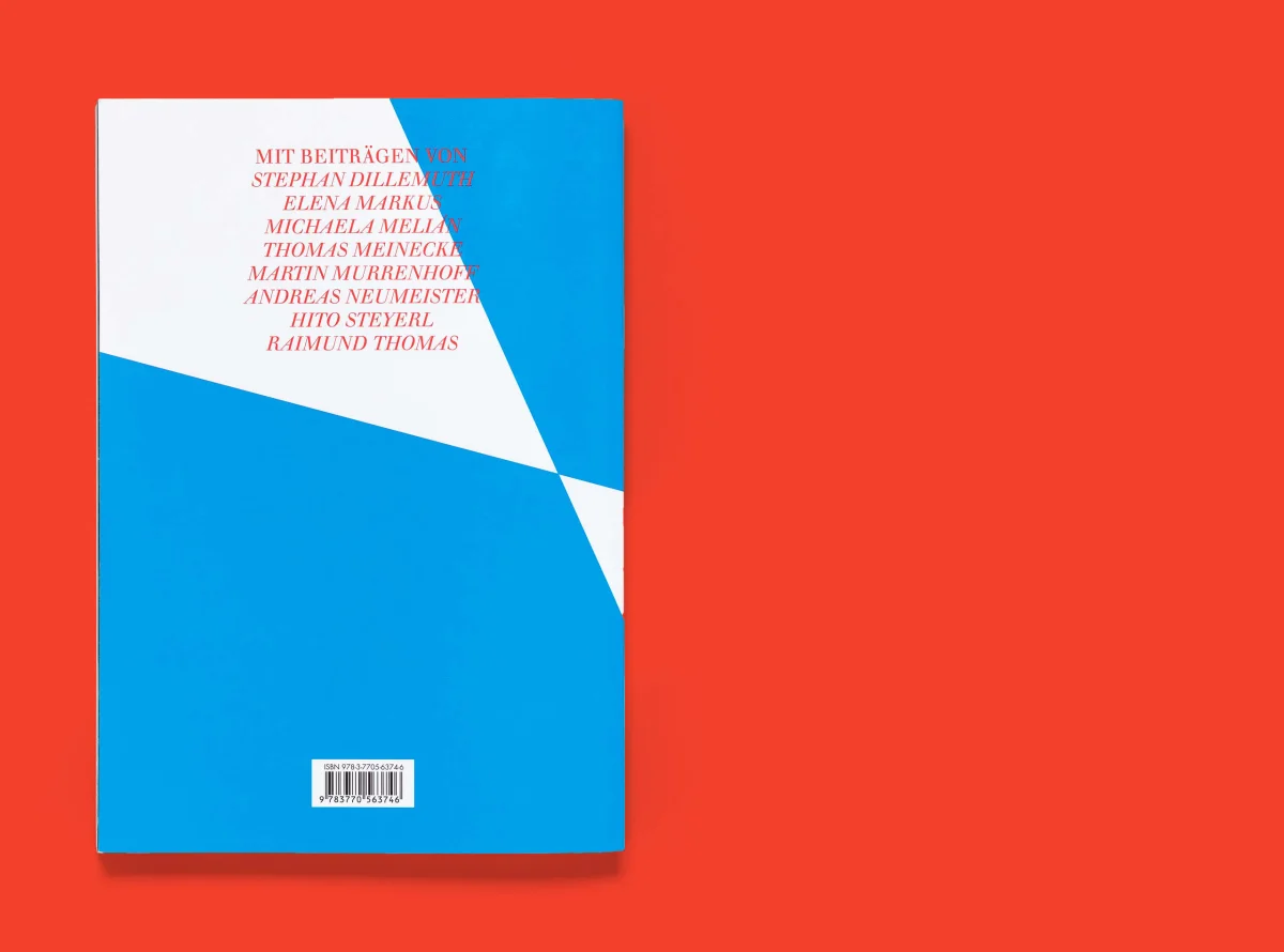 Back cover with diagonal blue and white areas and a red list of contributors.