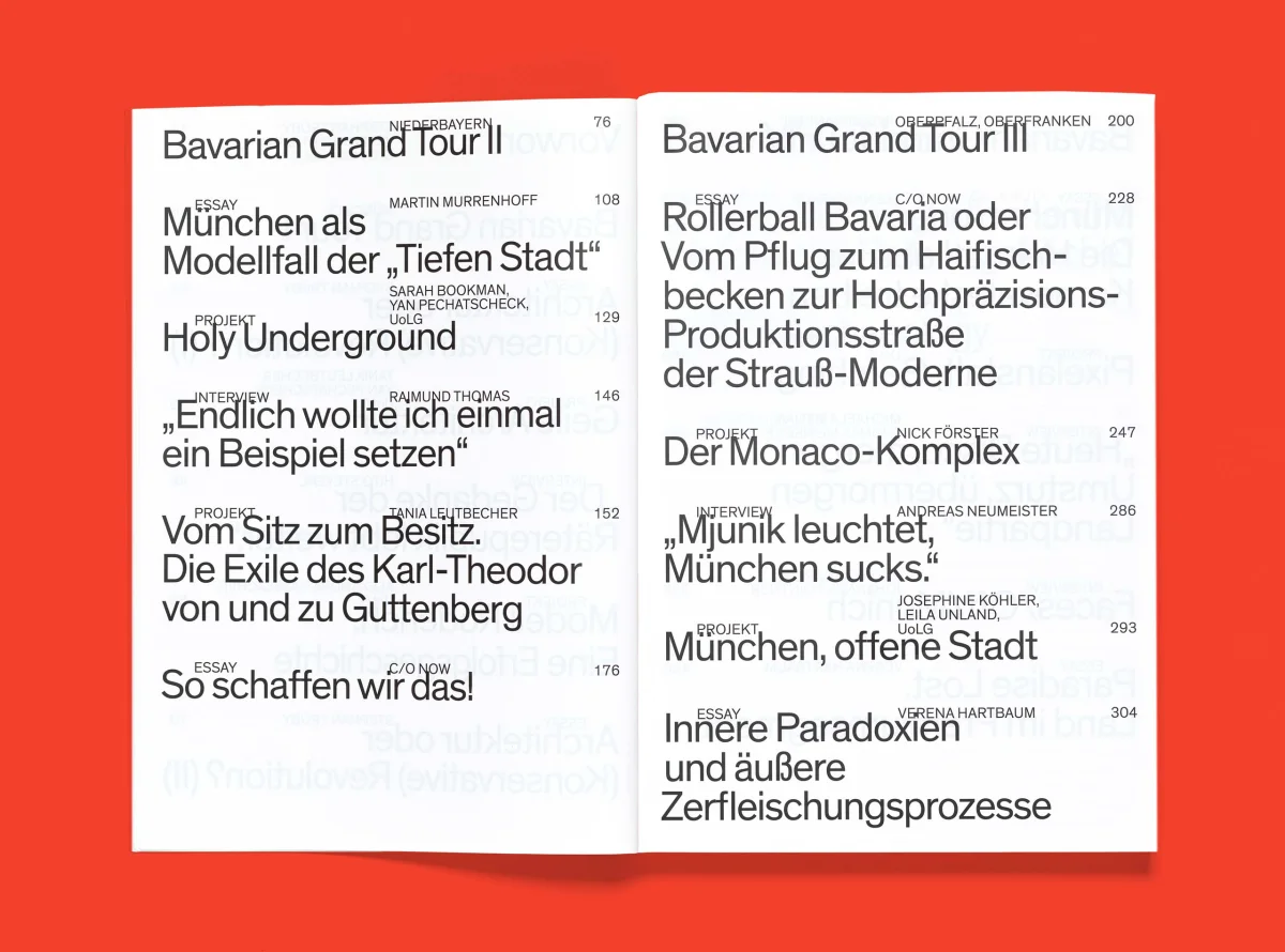 Contents spread of “Bayern, München” with large article titles arranged in two columns.