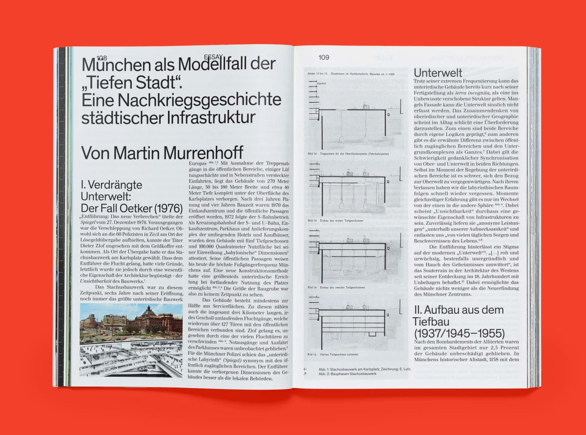 Essay spread “München als Modellfall der Tiefen Stadt” with multi-column text and technical drawings.
