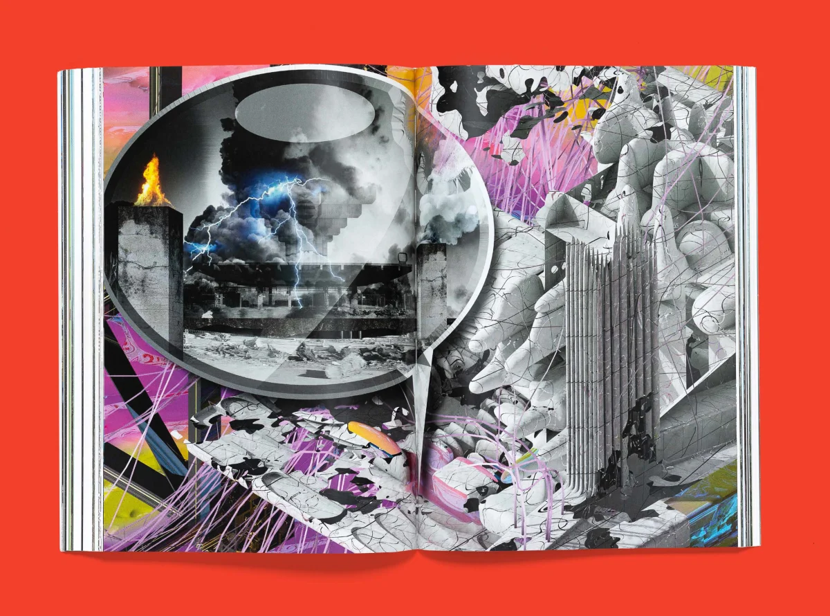 Architectural collage spanning two pages, with grey buildings, pink areas and a large circular inset.