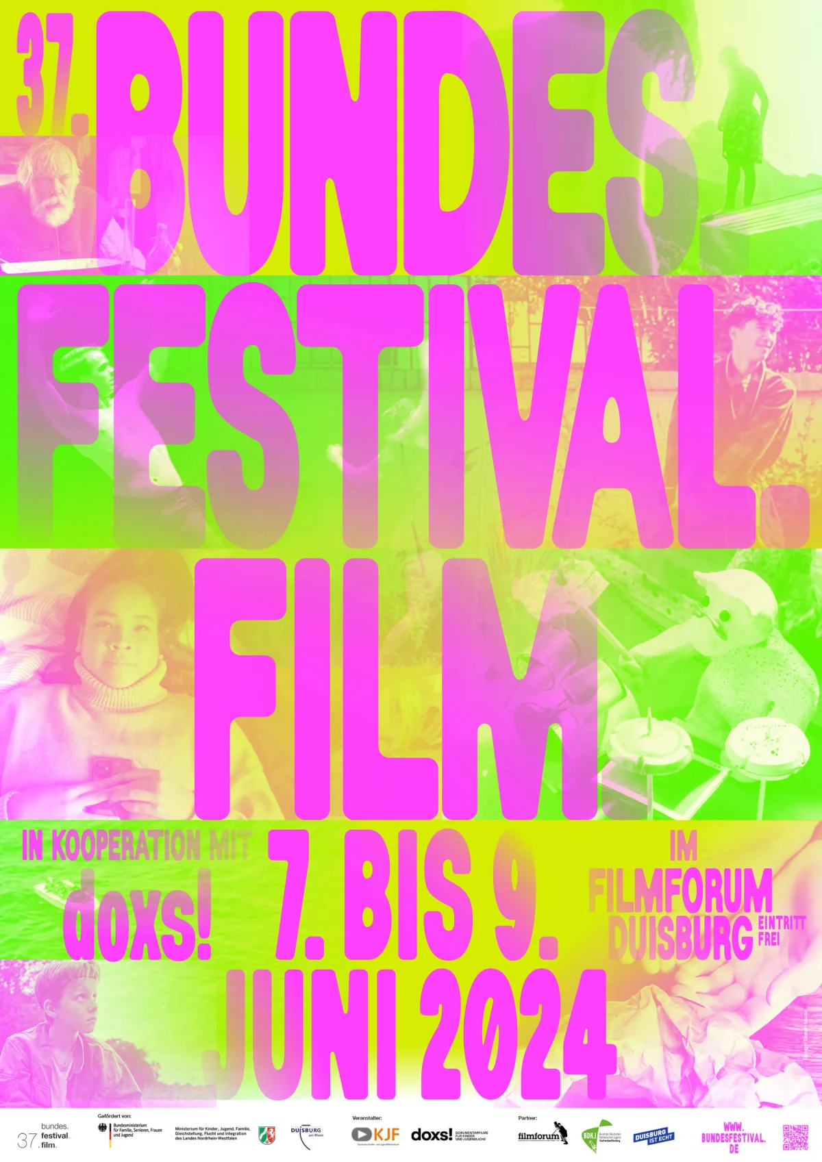 Pink and lime-green poster with layered photographs and large lettering for the 37th Bundes.Festival.Film., 7–9 June 2024 at Filmforum Duisburg.