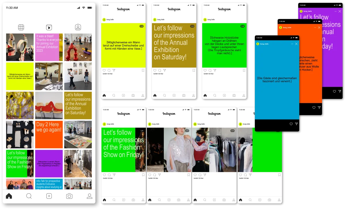 Collection of Instagram posts and stories for the BURG annual exhibition, combining coloured text panels and photographs.