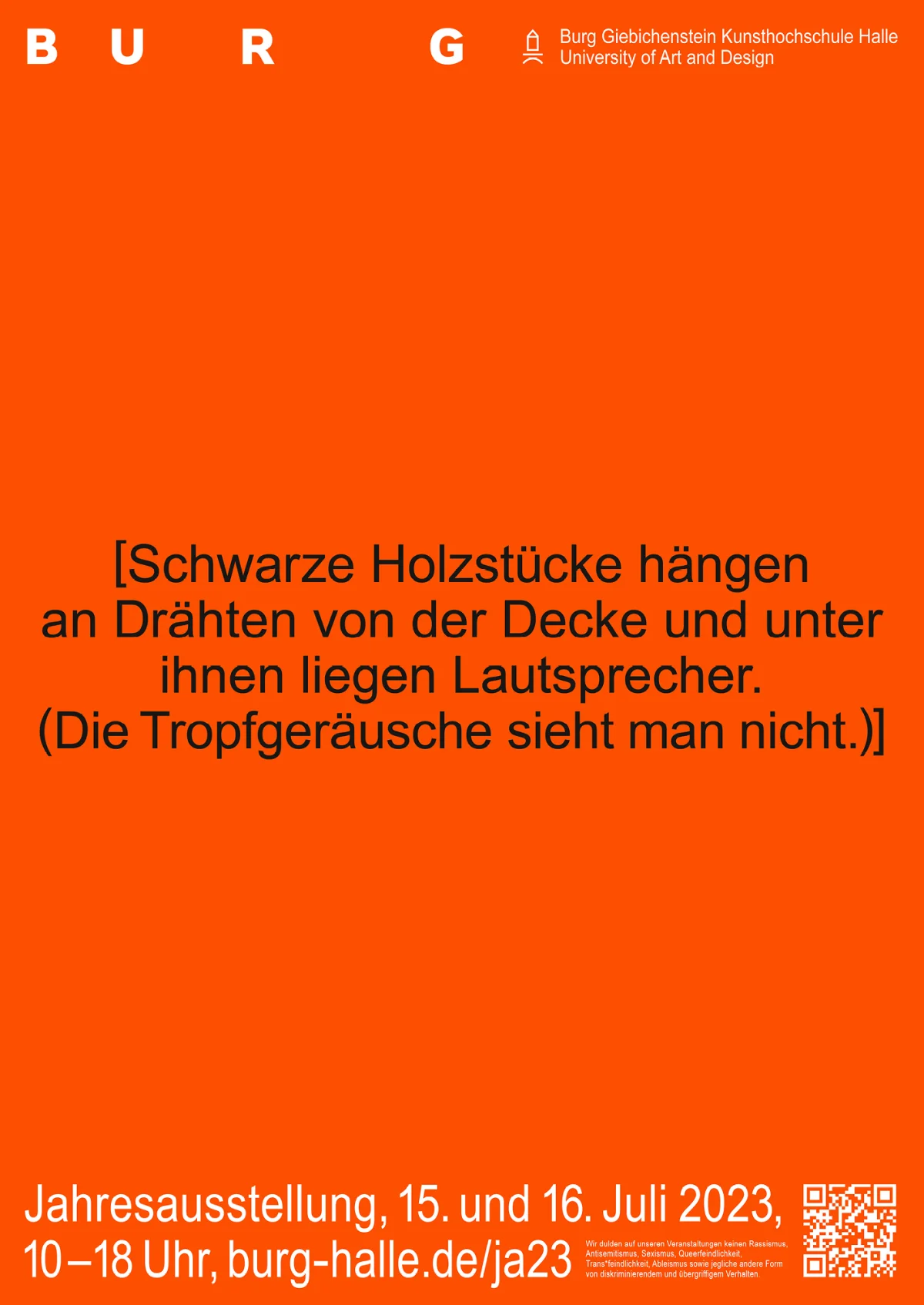 Orange BURG poster describing black wooden pieces hanging above speakers, with the German aside “You cannot see the dripping sounds.”