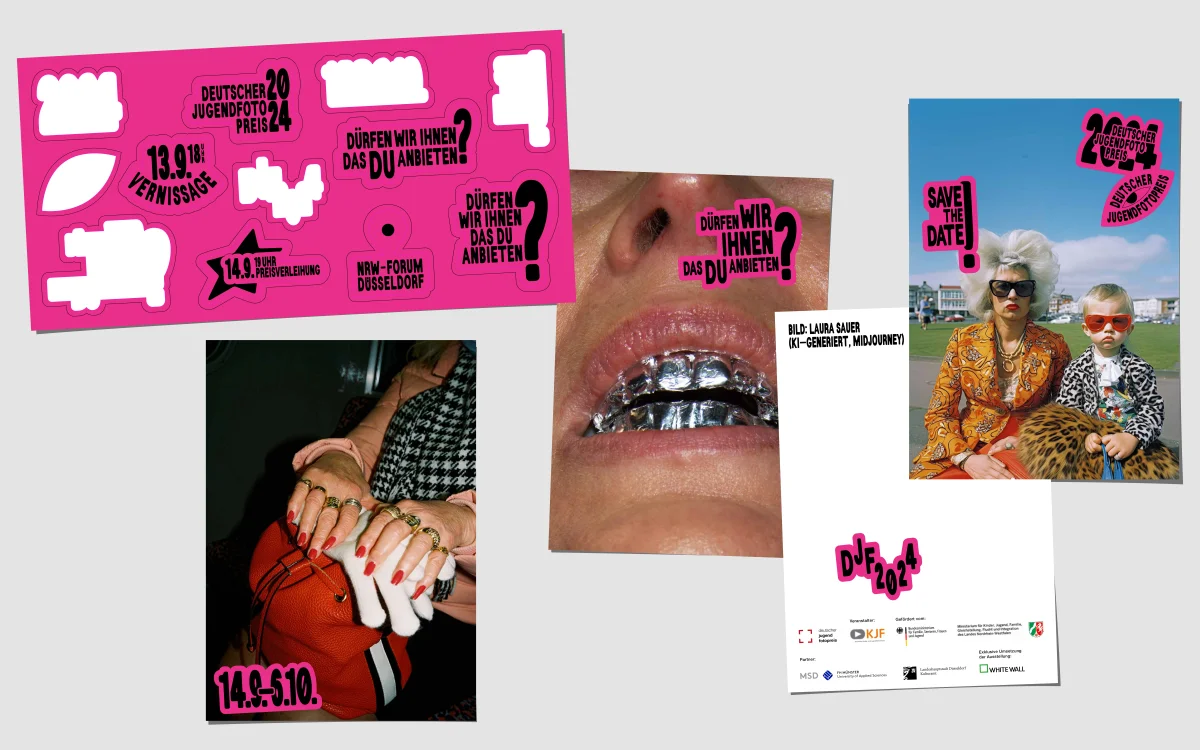 Pink sticker sheet beside three German Youth Photography Award posters featuring different photographic subjects.