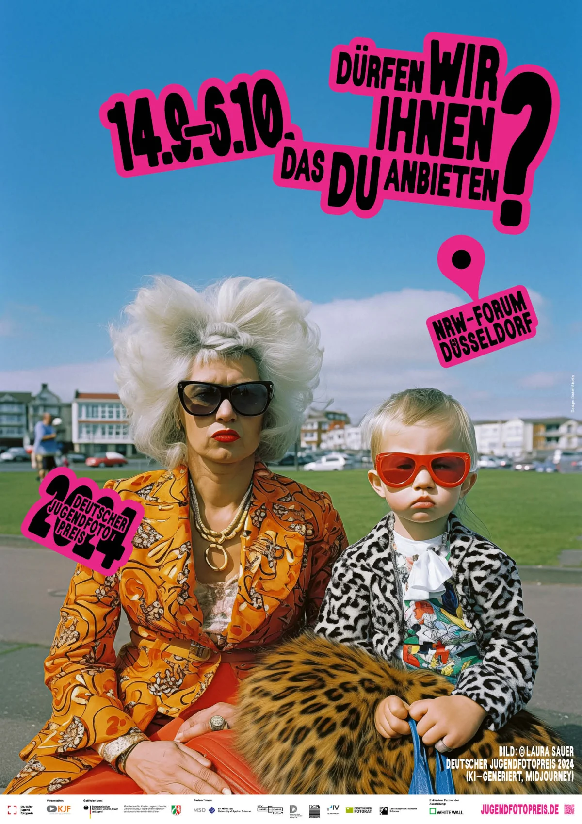 Poster showing an adult and a child wearing striking sunglasses against a blue sky, with pink stickers announcing the exhibition and dates.