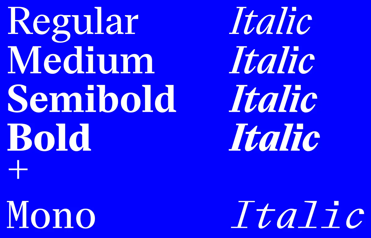 Eliza family overview with Regular, Medium, Semibold and Bold, their italics and Mono, in white on blue.