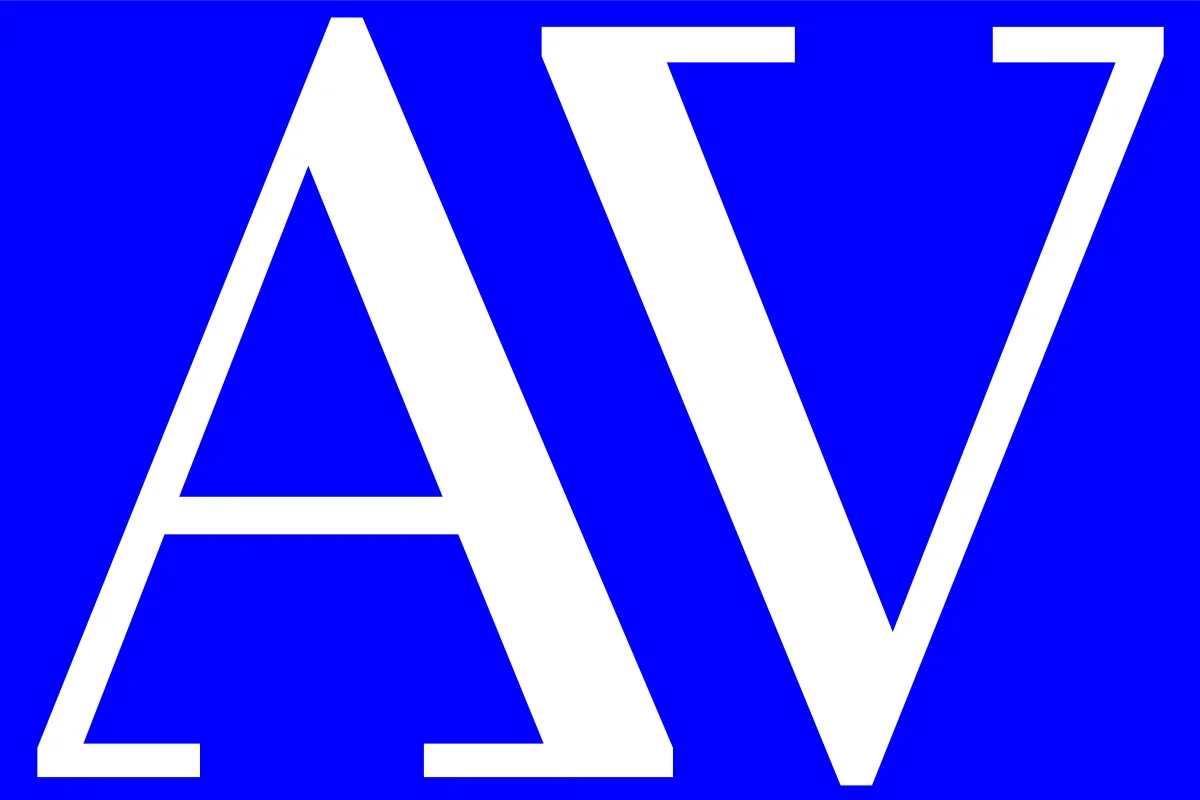 Large white Eliza A and V forms on blue, with pronounced serifs and angular joins.