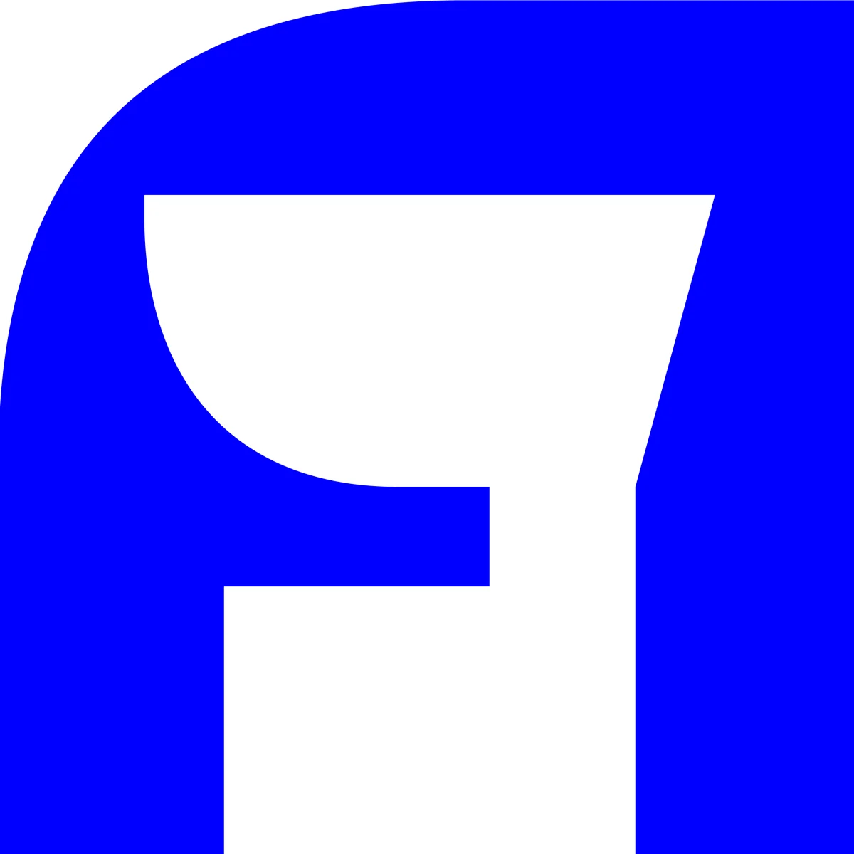 Enlarged blue Eliza Mono letter detail with a rounded curve and angular counter on white.