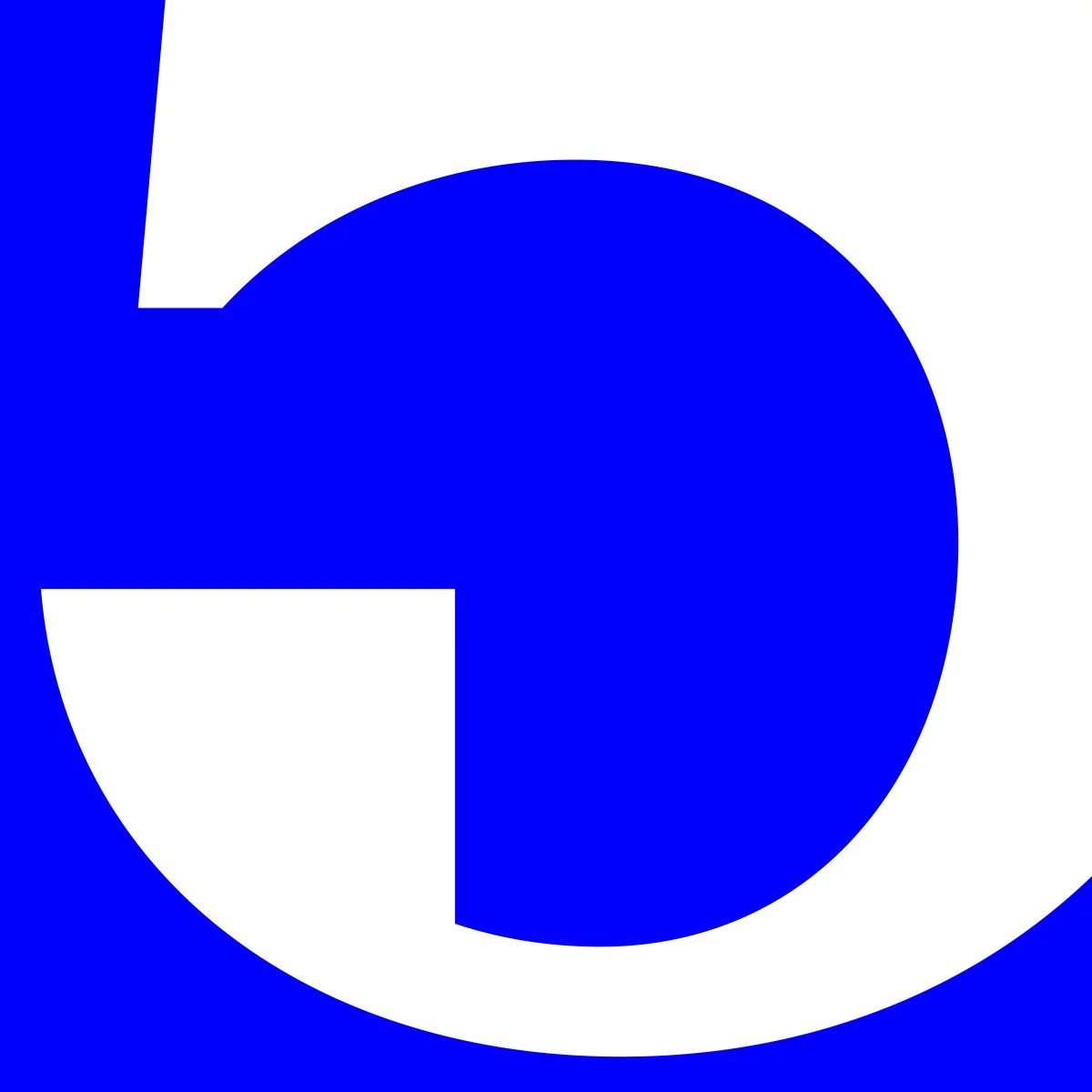 Close-up of a curved white Eliza letterform on blue, with angular interruptions in its counter.