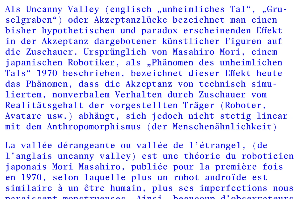 German and French text about the uncanny valley used as a blue Eliza Mono running-text specimen on white.
