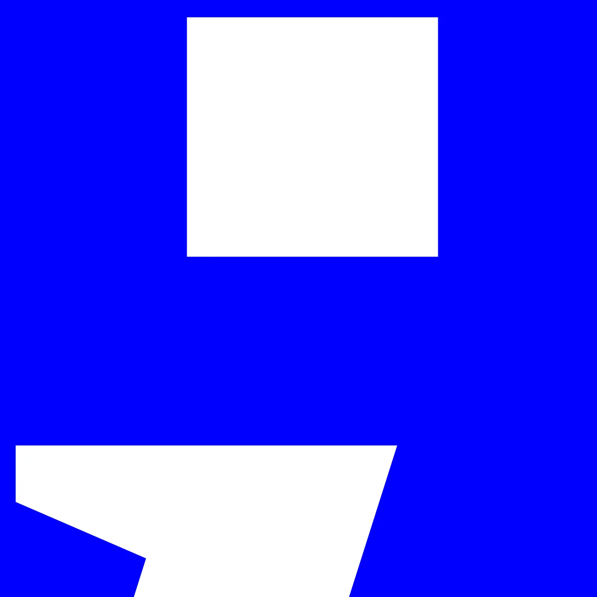 Enlarged Eliza character detail with a square dot and an angular white letter segment on blue.