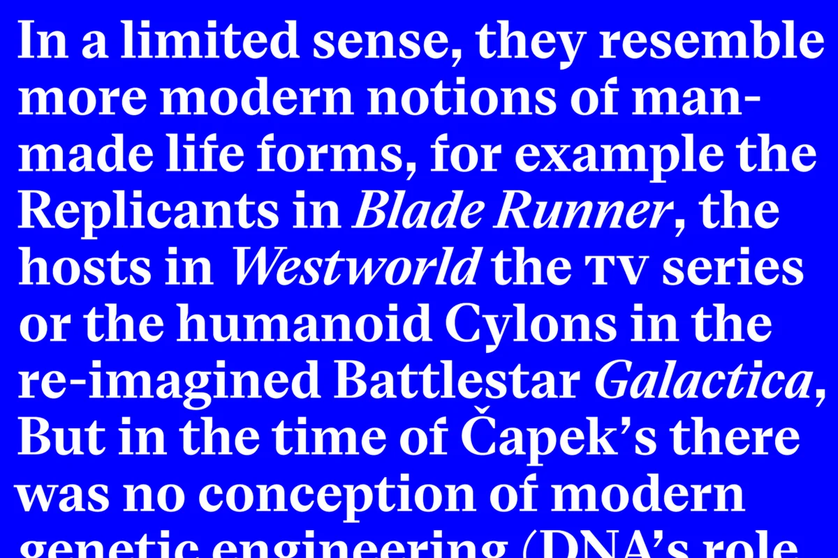 English text about artificial life forms used as a white Eliza specimen on blue, with selected terms in italic.
