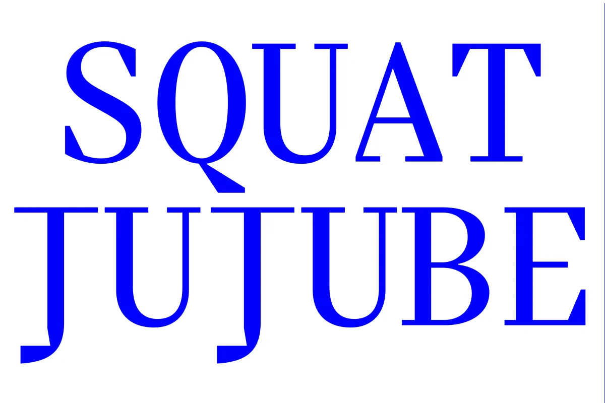 Large blue Eliza Mono words “Squat” and “Jujube” on white.