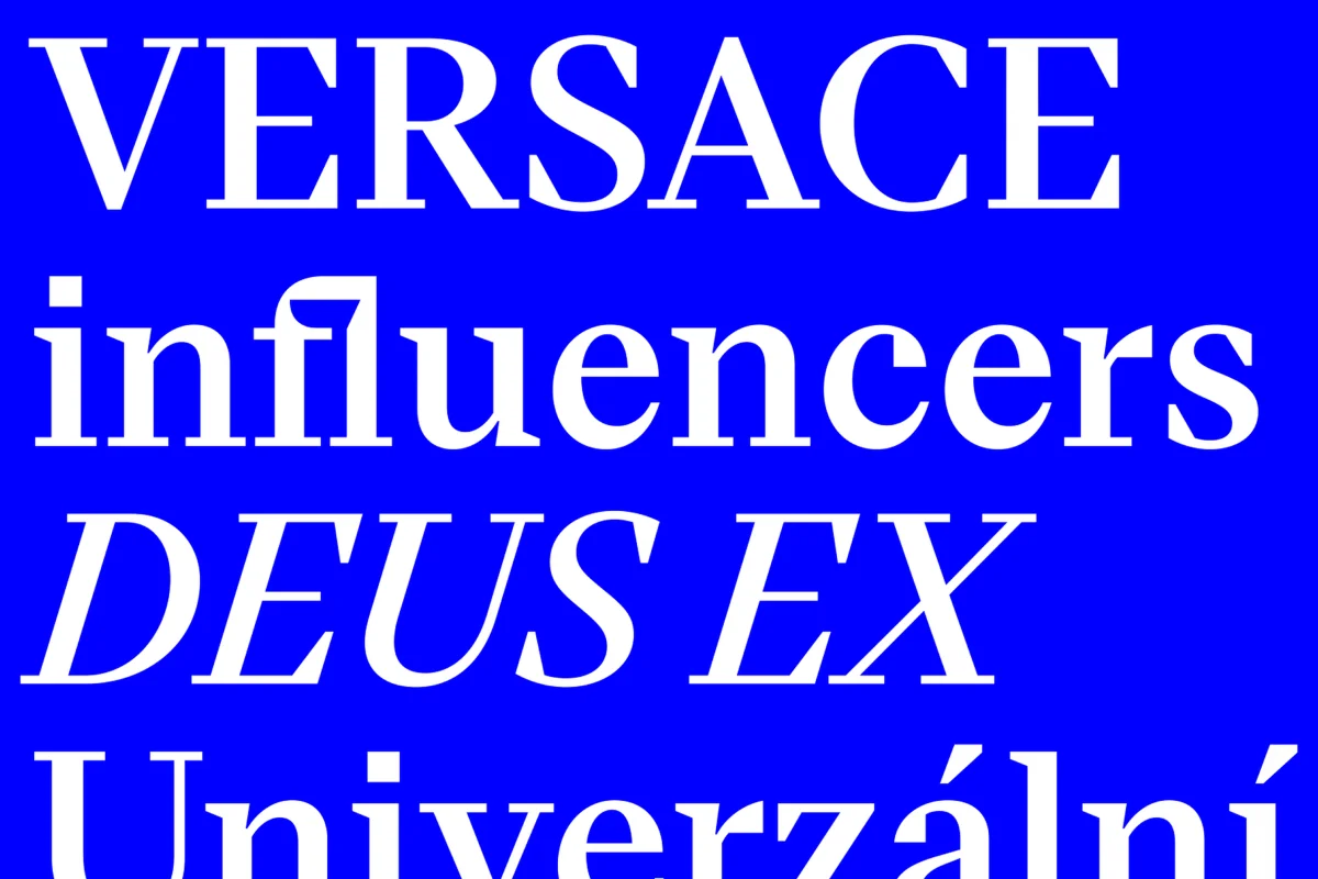 Eliza word samples “Versace”, “influencers” and “Deus Ex” in large white roman and italic lettering on blue.