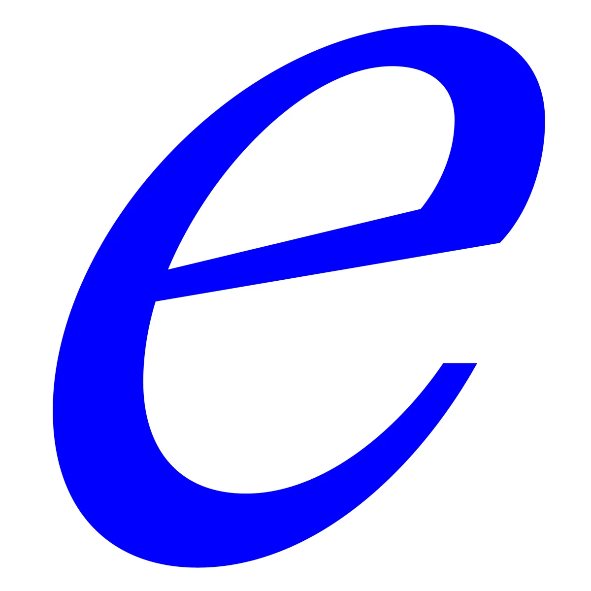Large blue italic e from Eliza Mono on white.