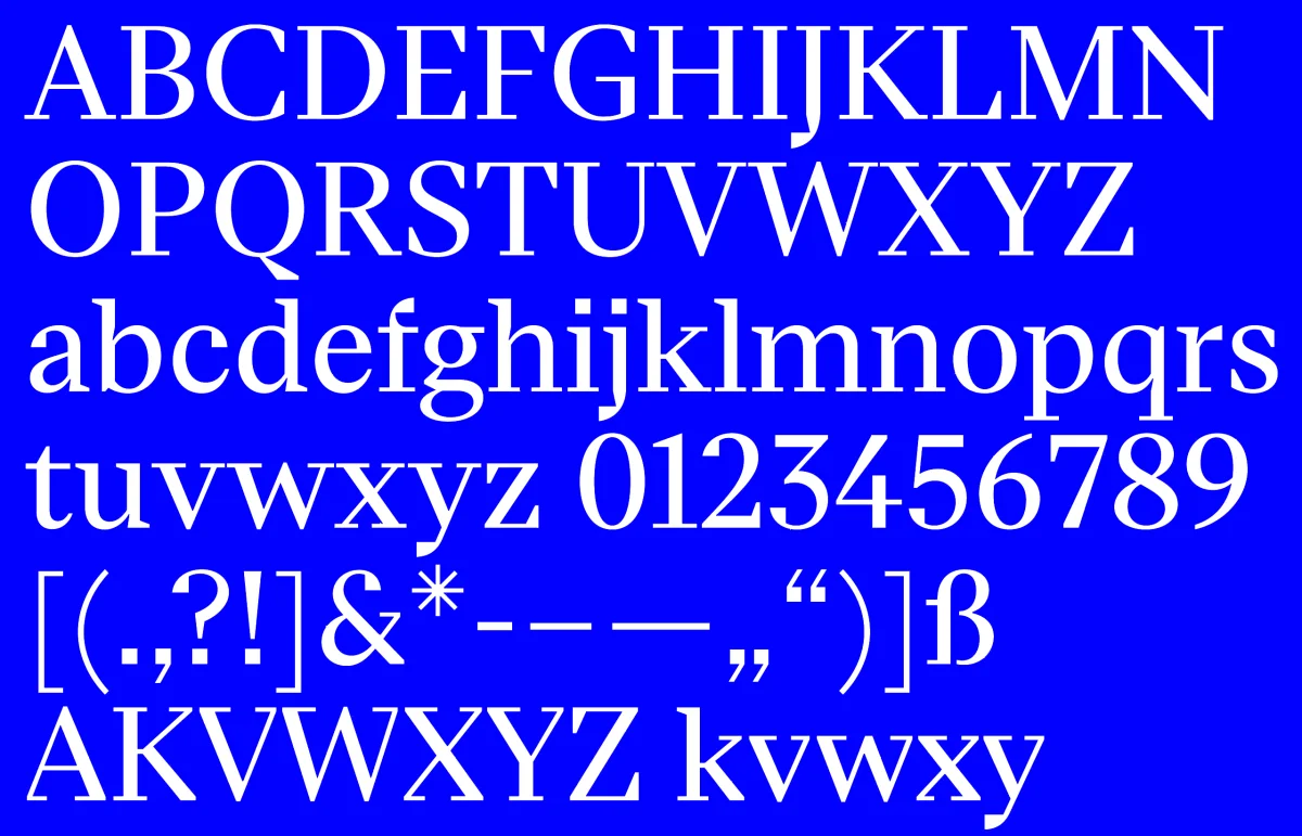 Eliza character set with uppercase and lowercase letters, numbers, punctuation and selected variants in white on blue.