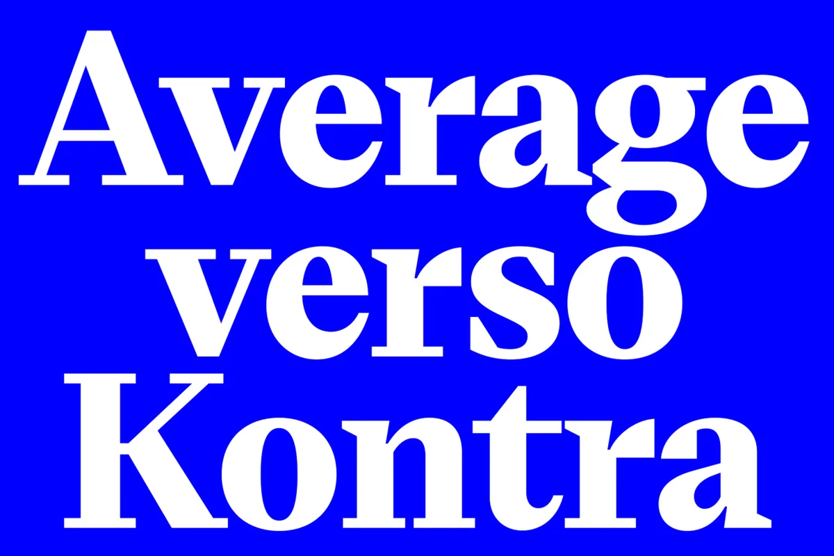 White Eliza word sample “Average verso Kontra” on blue, showing varying stroke weight.