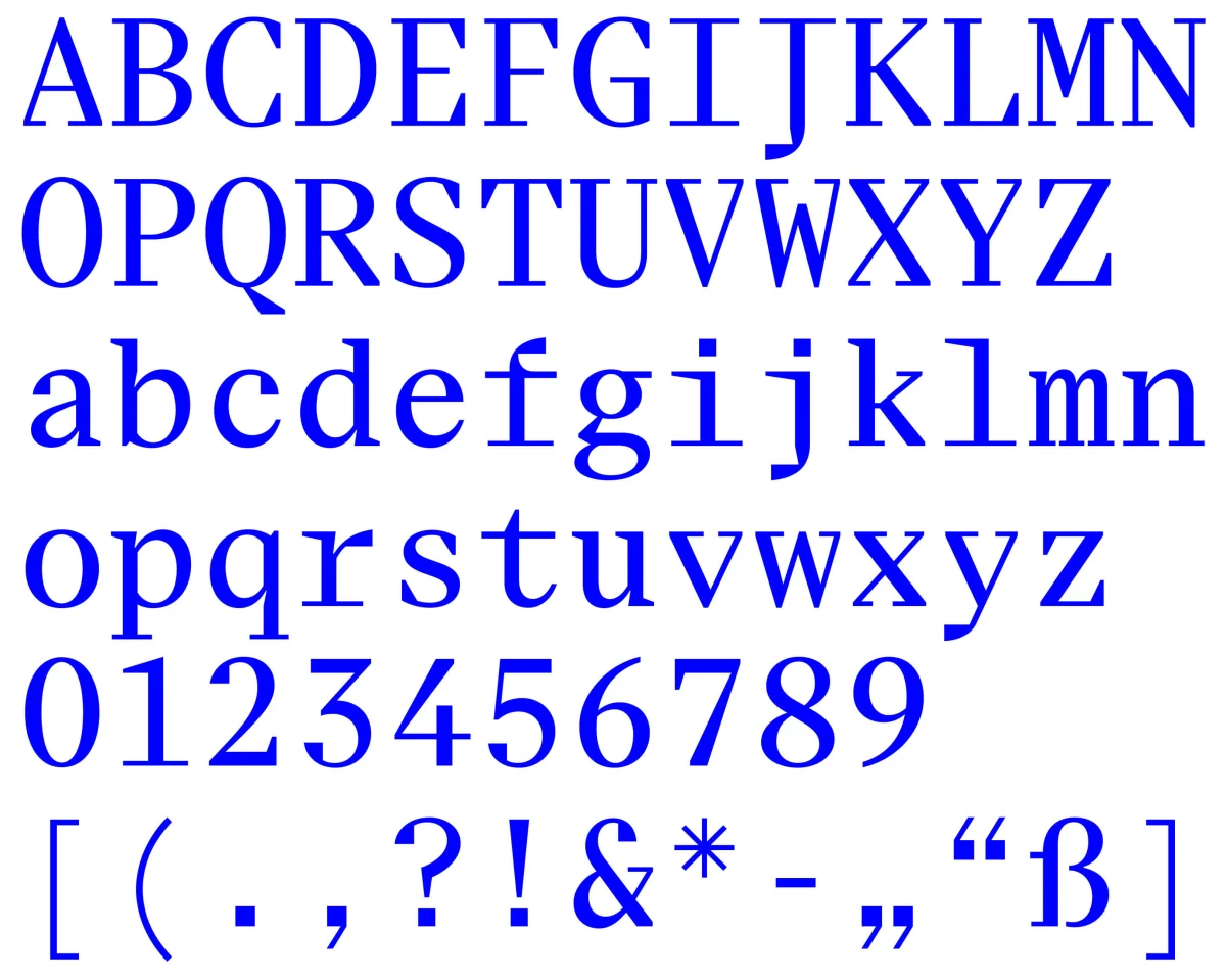 Eliza Mono character set with monospaced blue uppercase and lowercase letters, numbers and punctuation on white.