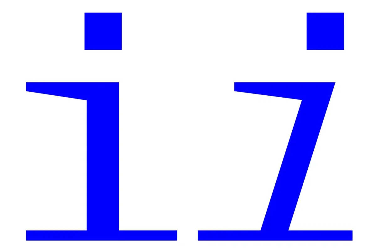 Blue Eliza Mono i and z forms on white, with square dots and broad serifs.