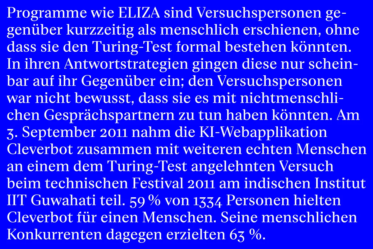 German text about ELIZA and the Turing test used as a white Eliza running-text specimen on blue.