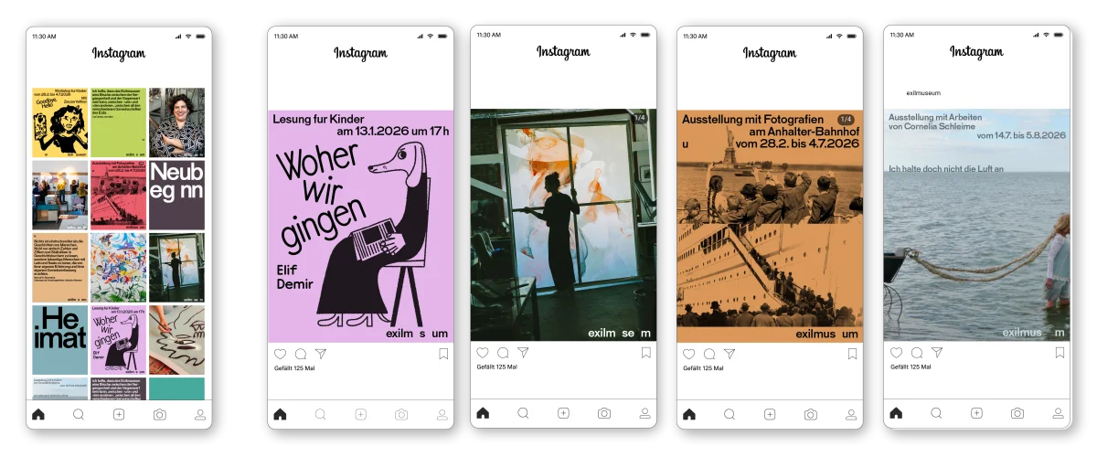 Five smartphone views of Exilmuseum’s Instagram presence, showing a post grid and colourful event announcements.