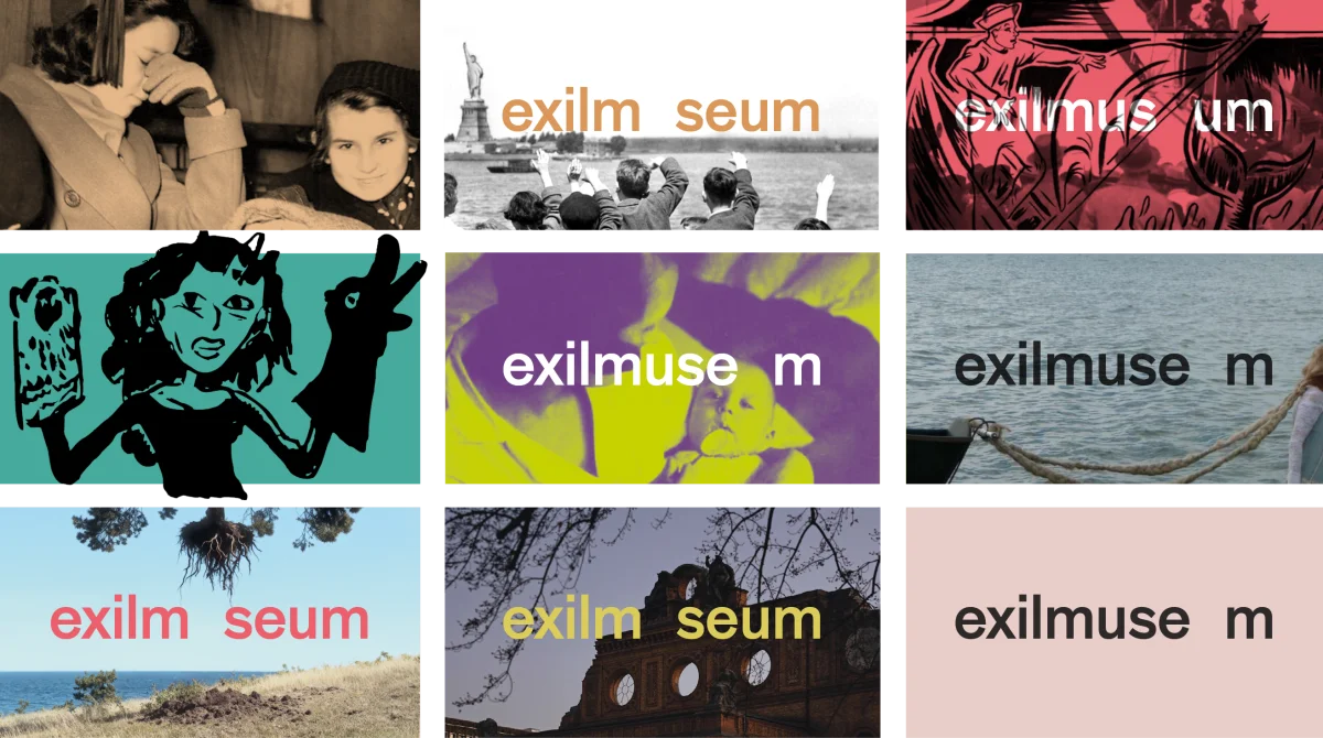 Nine examples of the Exilmuseum wordmark using different colours and letter gaps over photographs, illustrations and solid backgrounds.