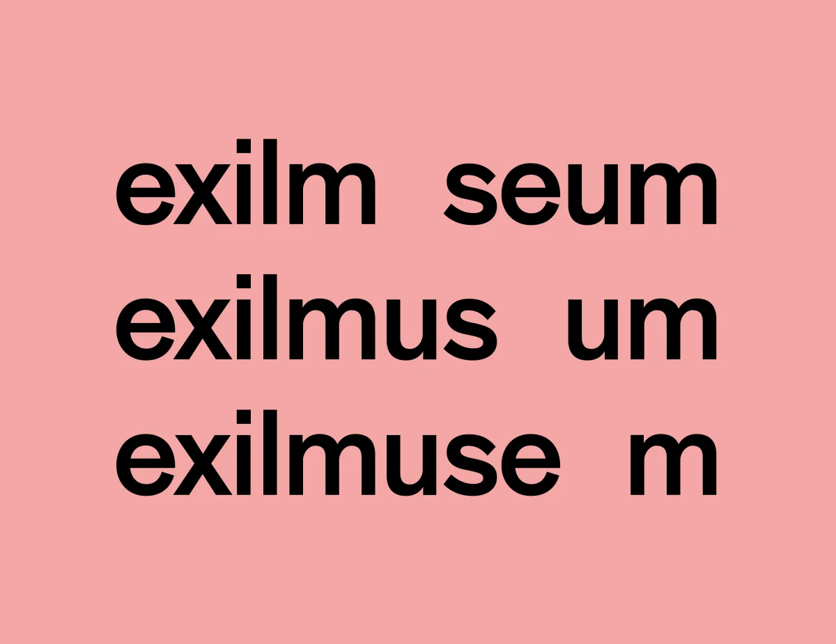 Three black Exilmuseum wordmarks on pink, each with a different letter replaced by a gap.
