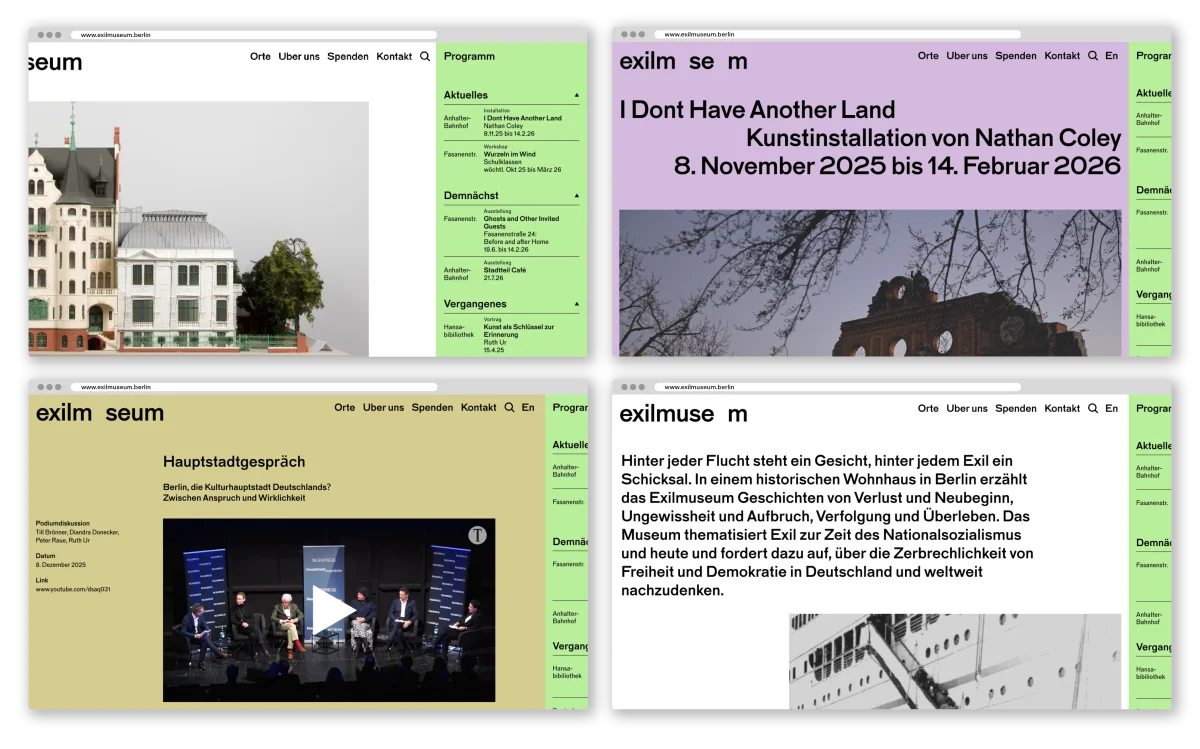 Four desktop views of the Exilmuseum website showing an architectural model, exhibition announcement, event video and introductory text, with a green programme column.