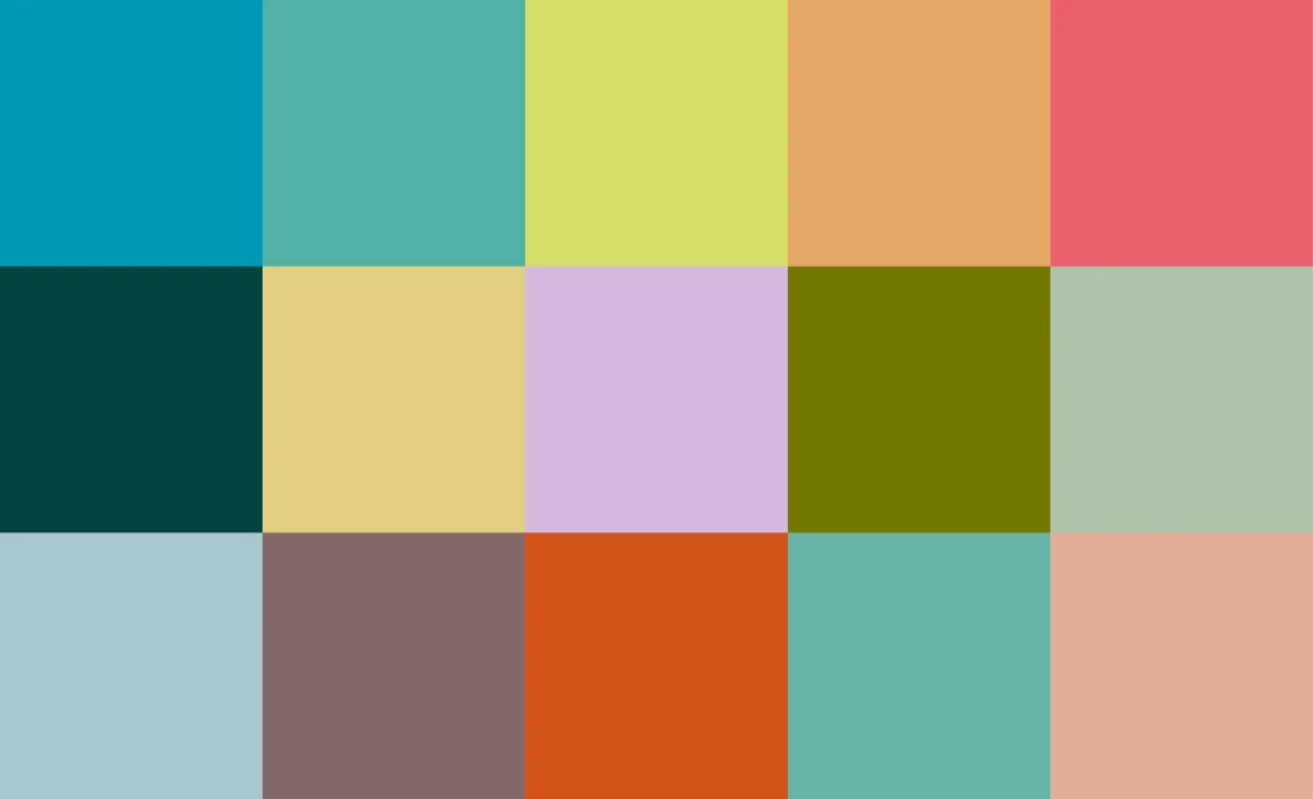 Colour palette of fifteen rectangular swatches in three rows, including turquoise, yellow, pink, green, orange and muted grey tones.