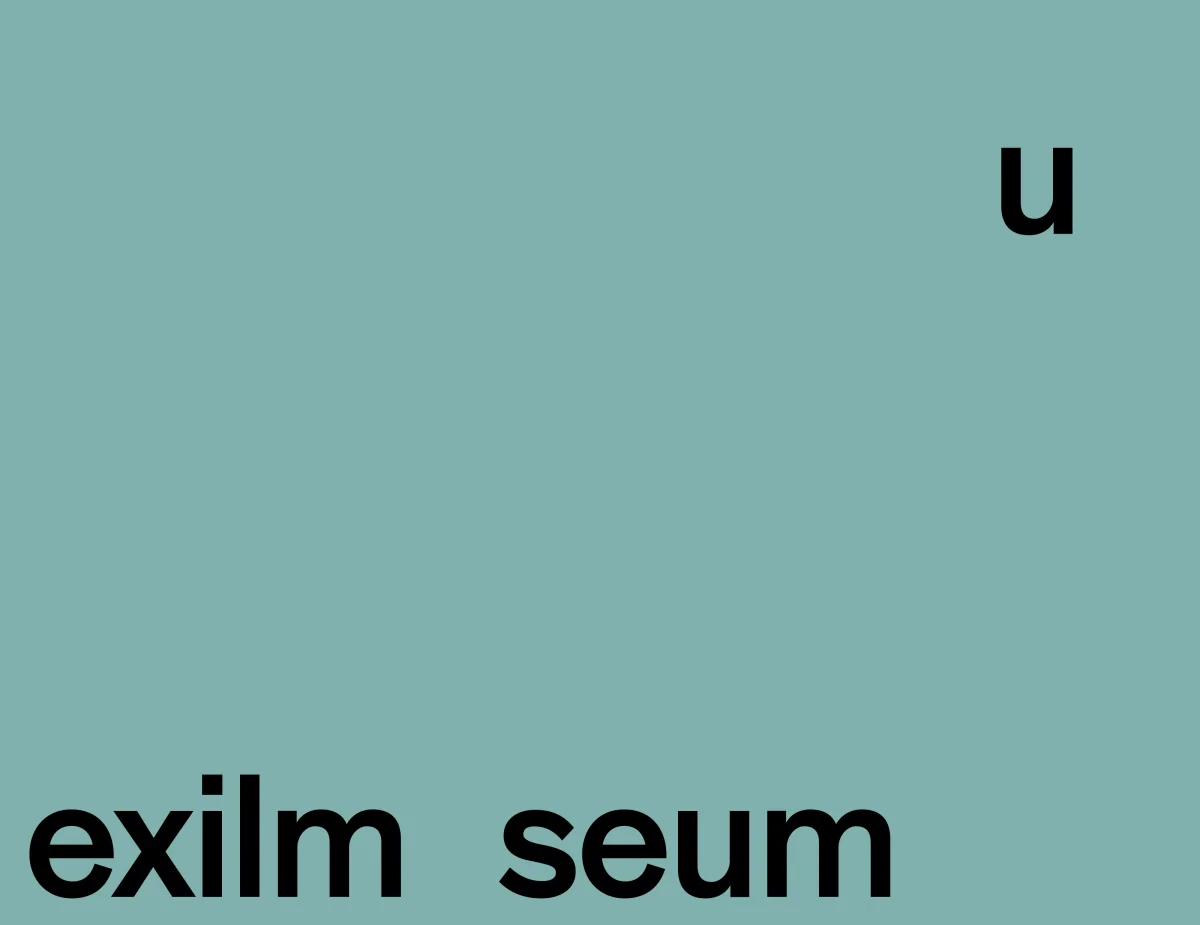 Black Exilmuseum wordmark along the bottom of a turquoise panel, with the detached u in the upper right corner.