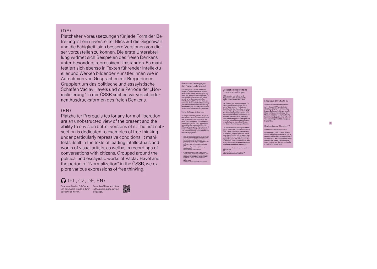 Gestaltungsdiagramm mit unterschiedlich großen rosa Ausstellungstafeln, deutsch-englischen Beispieltexten und Maßangaben auf schwarzem Hintergrund.