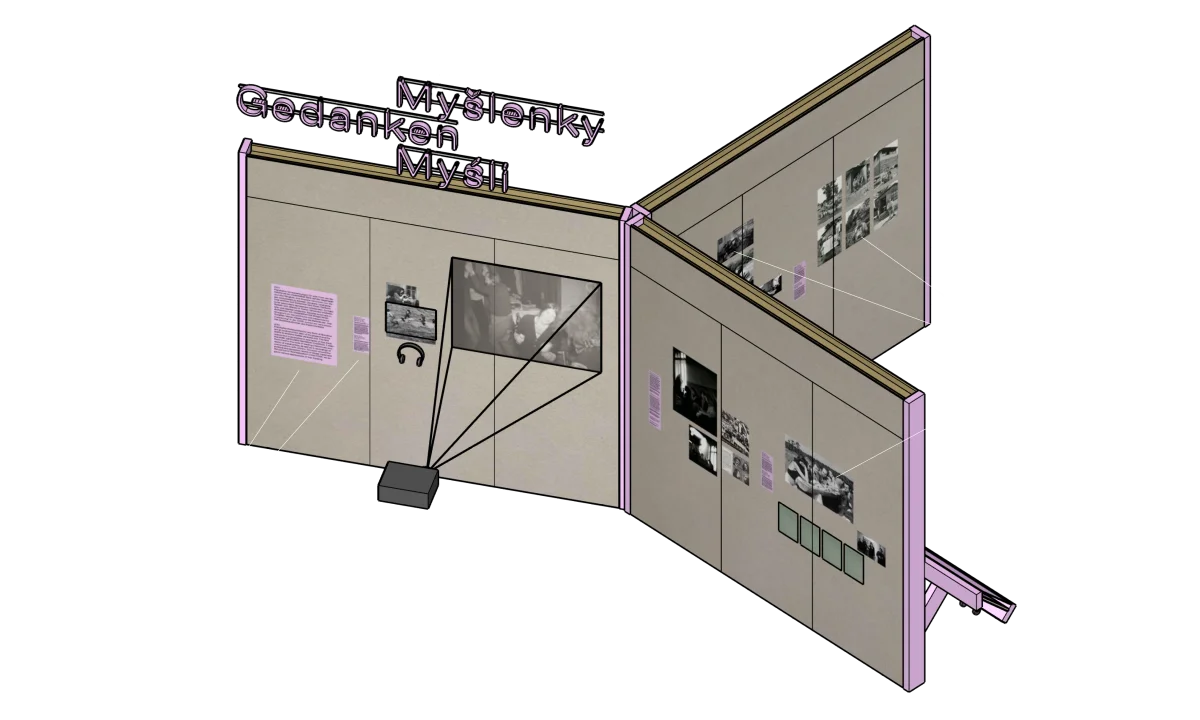 Dreidimensionale Entwurfsansicht von drei verbundenen Ausstellungswänden mit Fotos, rosa Texttafeln und einem Monitor.