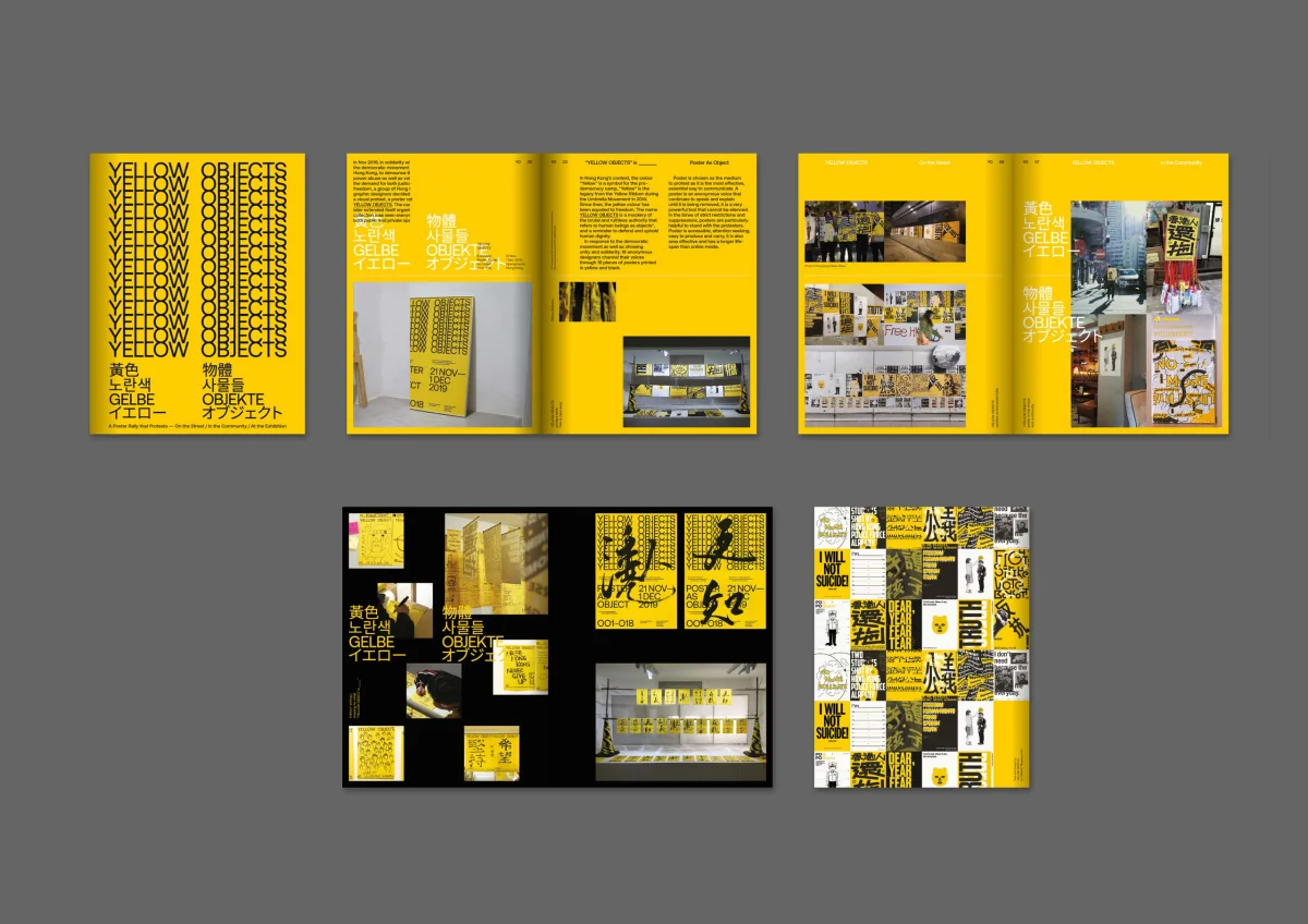 Overview of the yellow “Yellow Objects” publication, with its cover, spreads and photographs of yellow objects.