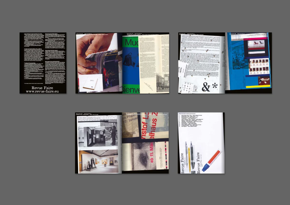 Overview of the Revue Faire publication, with a black cover and spreads about printed matter and design.