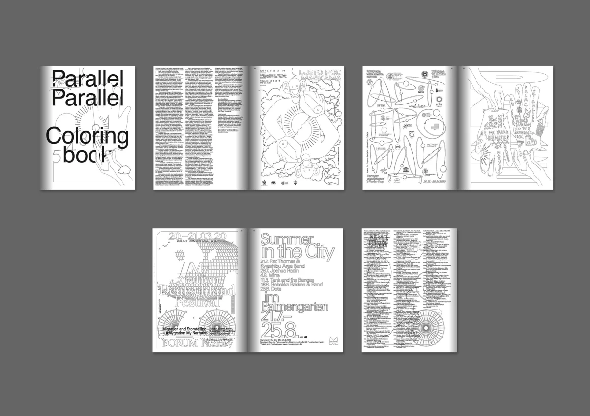 Overview of the black-and-white “Parallel Parallel Coloring Book”, with text pages and line-drawn colouring images.