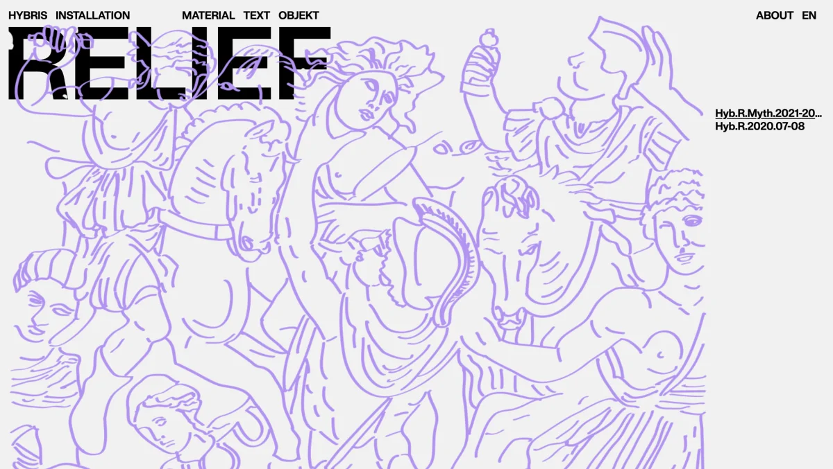 HYBRIS “Relief” page with a large purple line drawing of human figures over black typography.