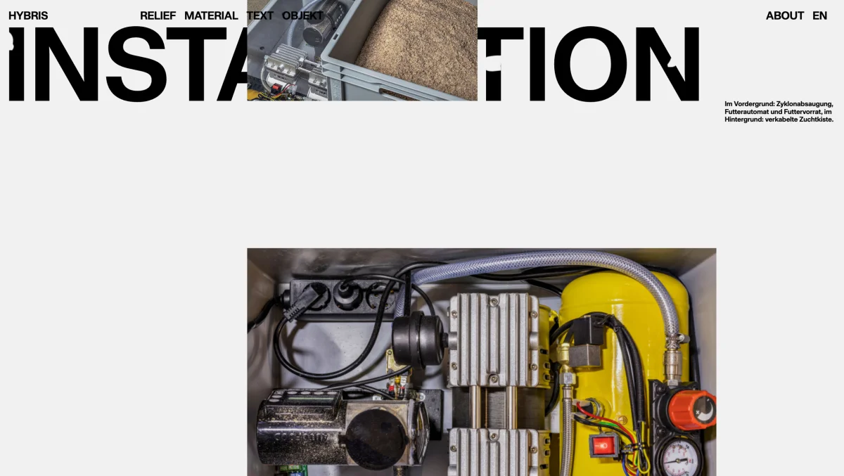 HYBRIS installation page with offset detail photographs of machinery, hoses and a yellow container.