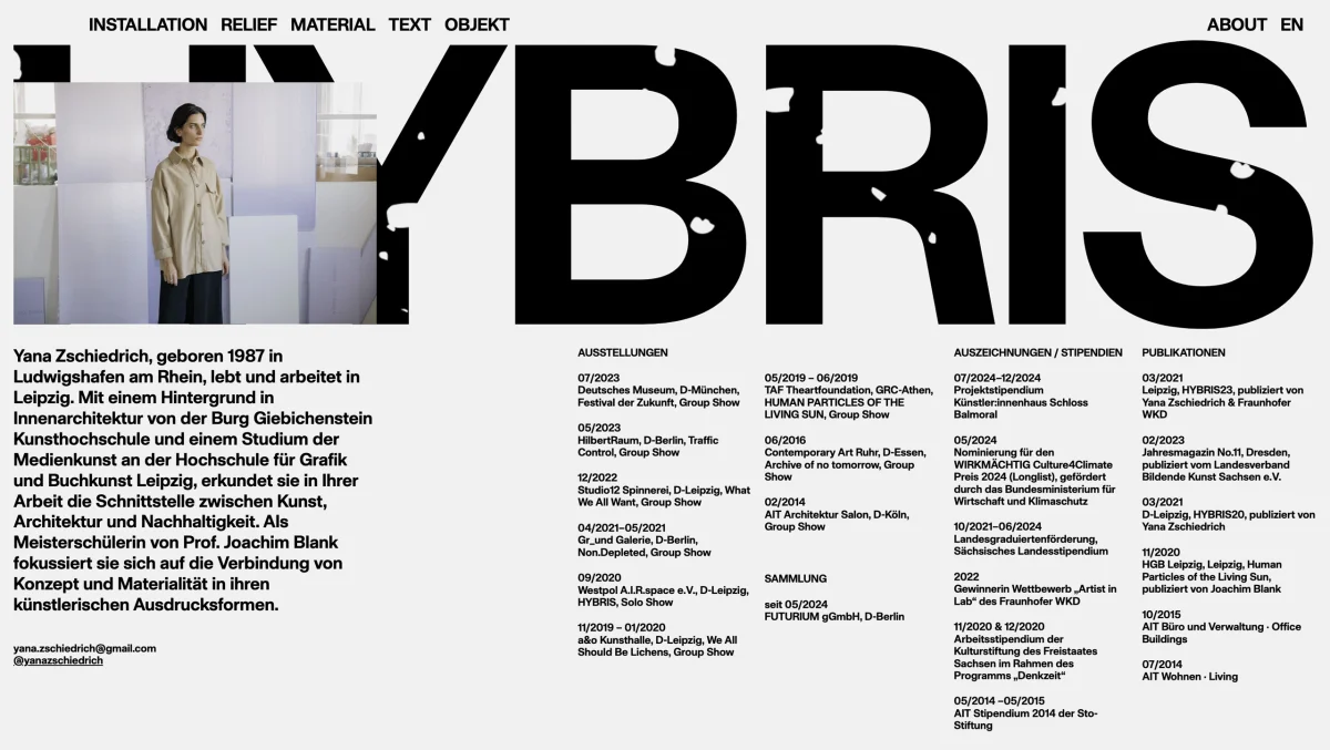 HYBRIS biography page with a portrait, text and lists of exhibitions, awards and publications.
