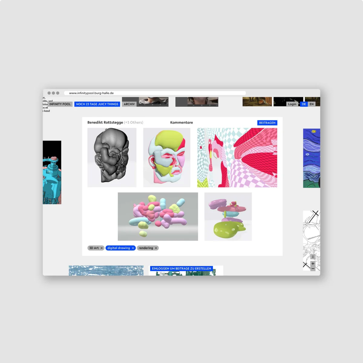 Infinity Pool browser screen with a grid of colourful digital artworks and a comment function.