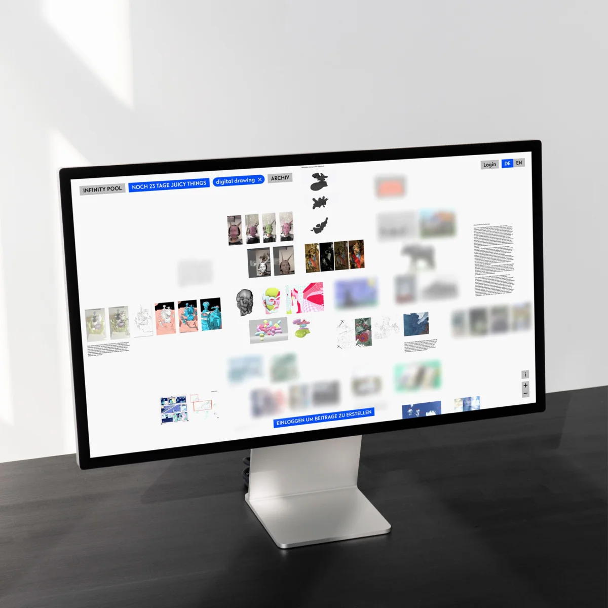 Desktop monitor displaying Infinity Pool, with freely distributed images, text contributions and blue navigation elements.