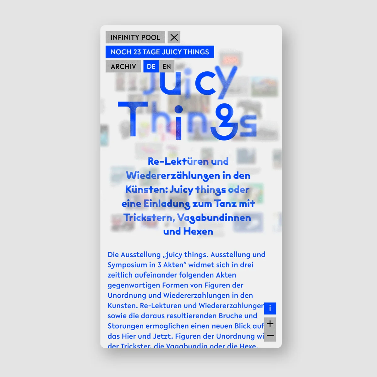 Mobile Infinity Pool “Juicy Things” page with large blue typography and exhibition text.