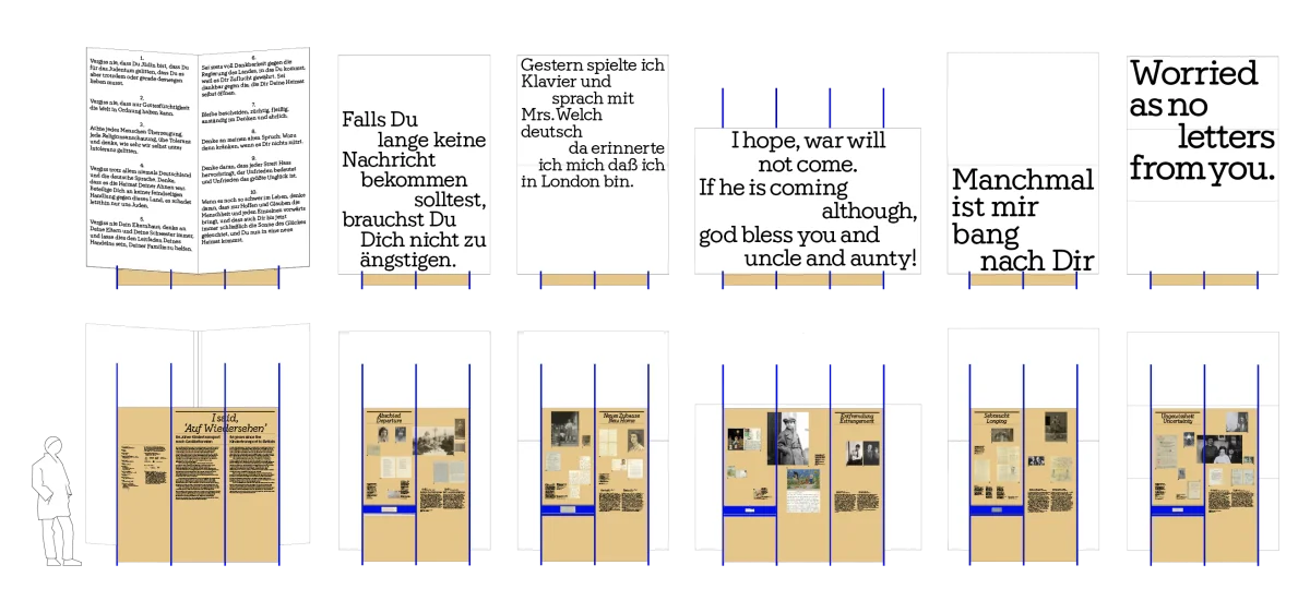 Design overview of exhibition modules, with large letter quotations on white fronts and documents on brown reverse panels.