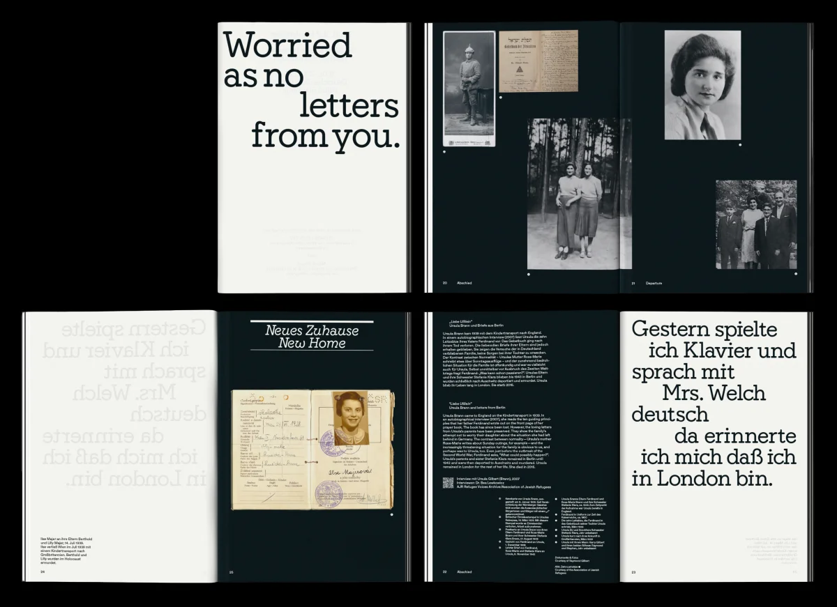 Several spreads from the exhibition booklet, combining large letter quotations, historical portraits and documents on dark backgrounds.