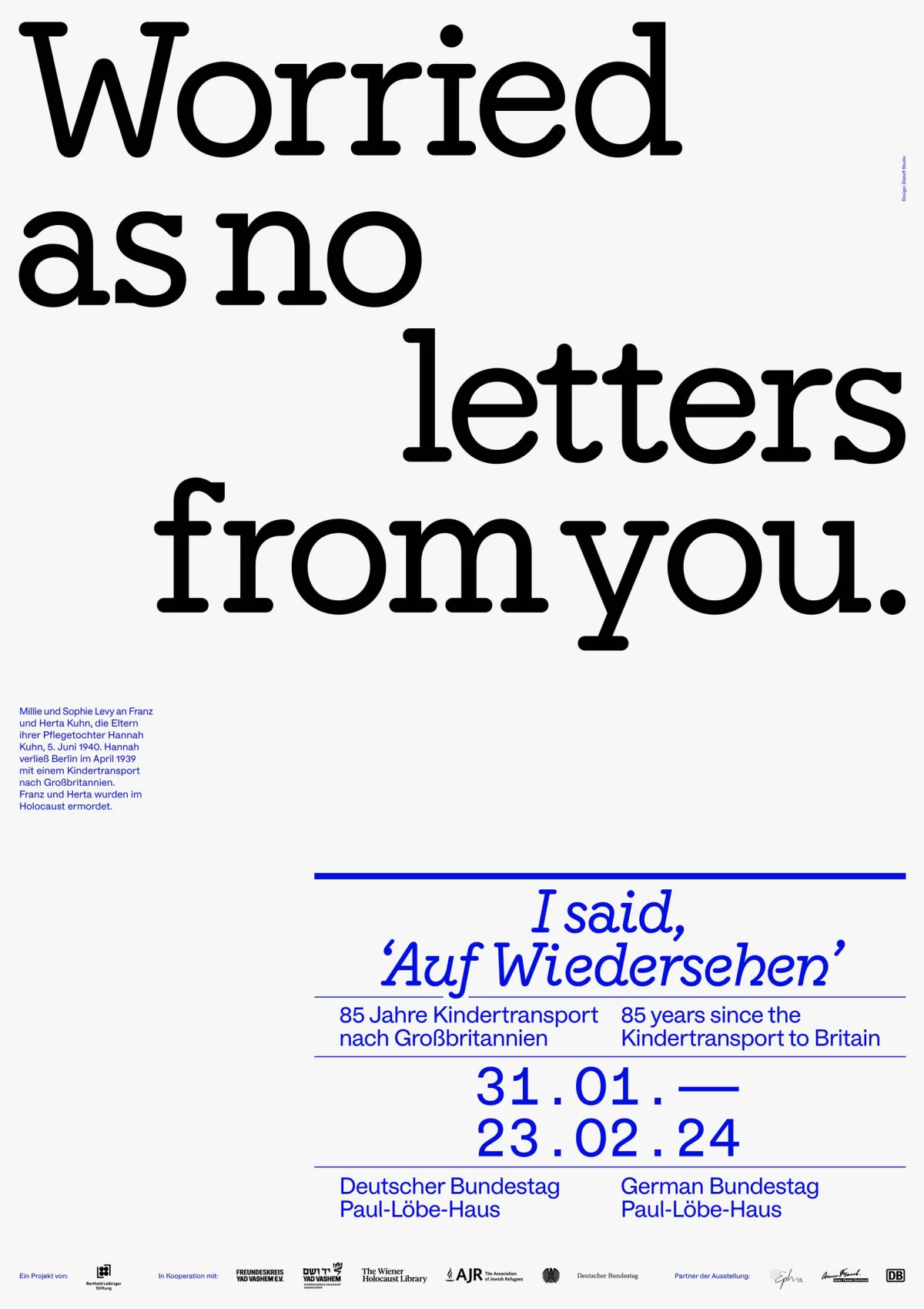 White exhibition poster with the large English letter quotation “Worried as no letters from you.”