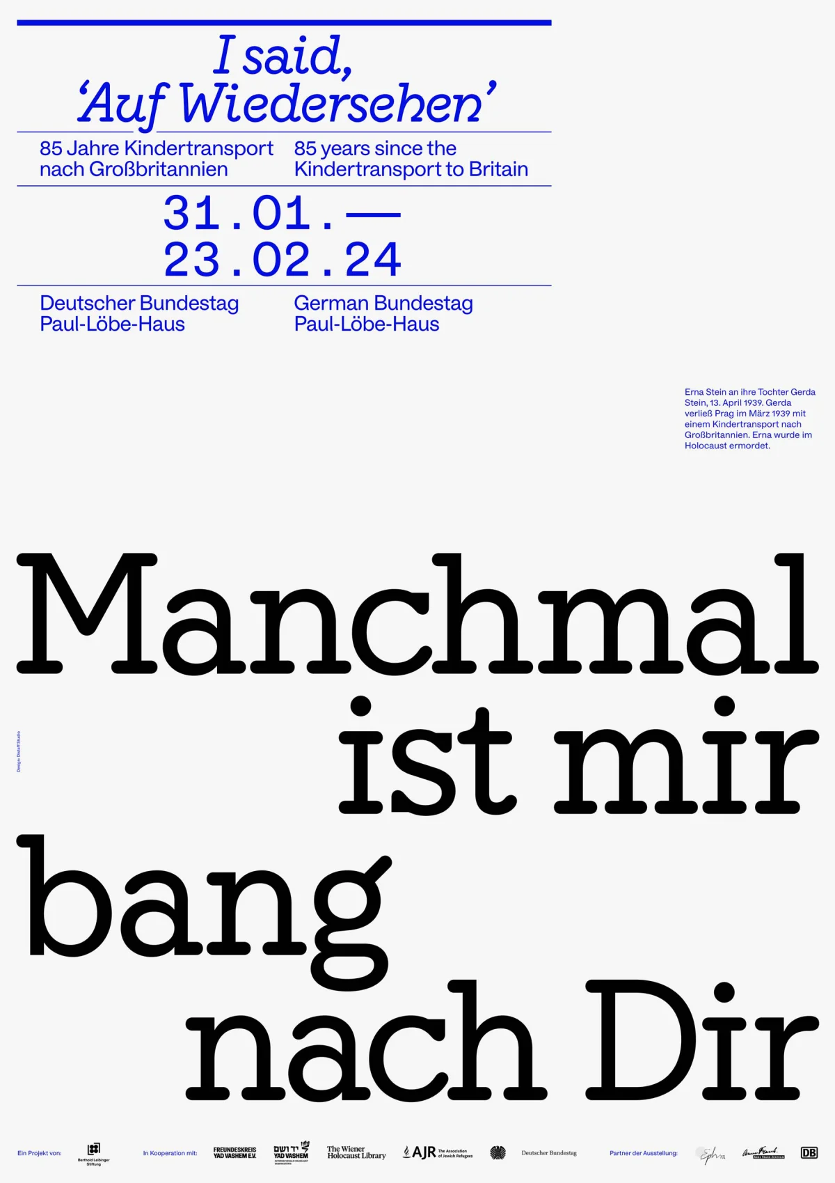 White “I said ‘Auf Wiedersehen’” poster with a large German letter quotation meaning “Sometimes I ache for you.”