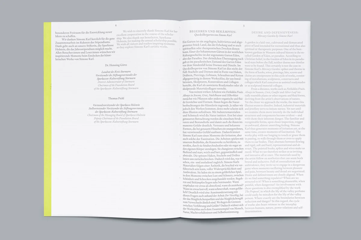 Weiße „Quecksilbergarten“-Doppelseite mit schmalen Textspalten und zweisprachigem Essay.