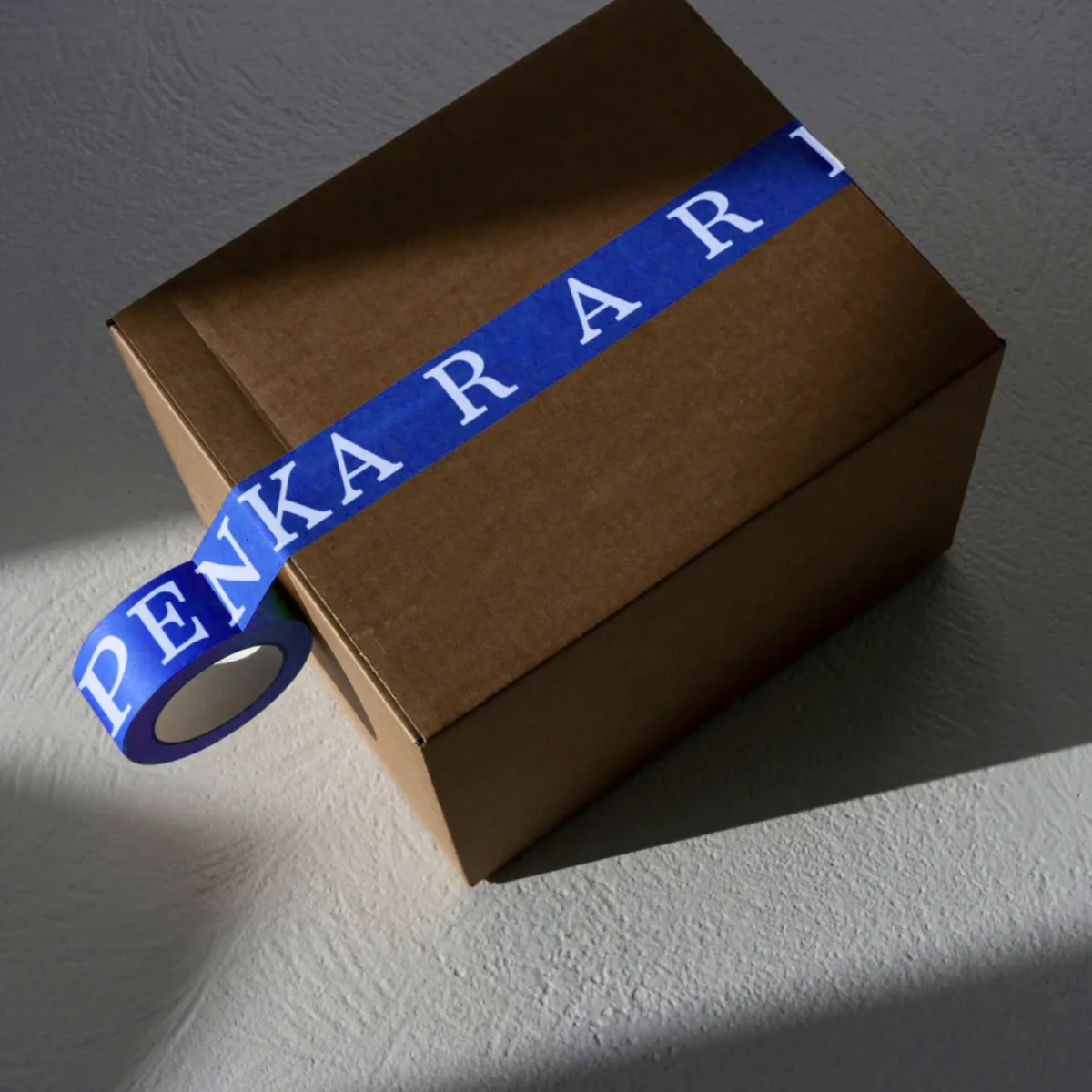 Brauner Versandkarton mit blauem Klebeband, auf dem weiße, weit auseinanderstehende PENKA-Buchstaben gedruckt sind.