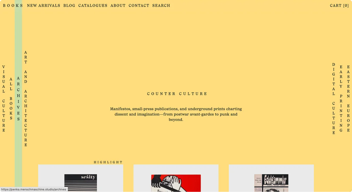 PENKA-Webseite mit gelber Fläche, dem Titel „Counter Culture“, einem kurzen Einführungstext und senkrechter Kategoriennavigation.